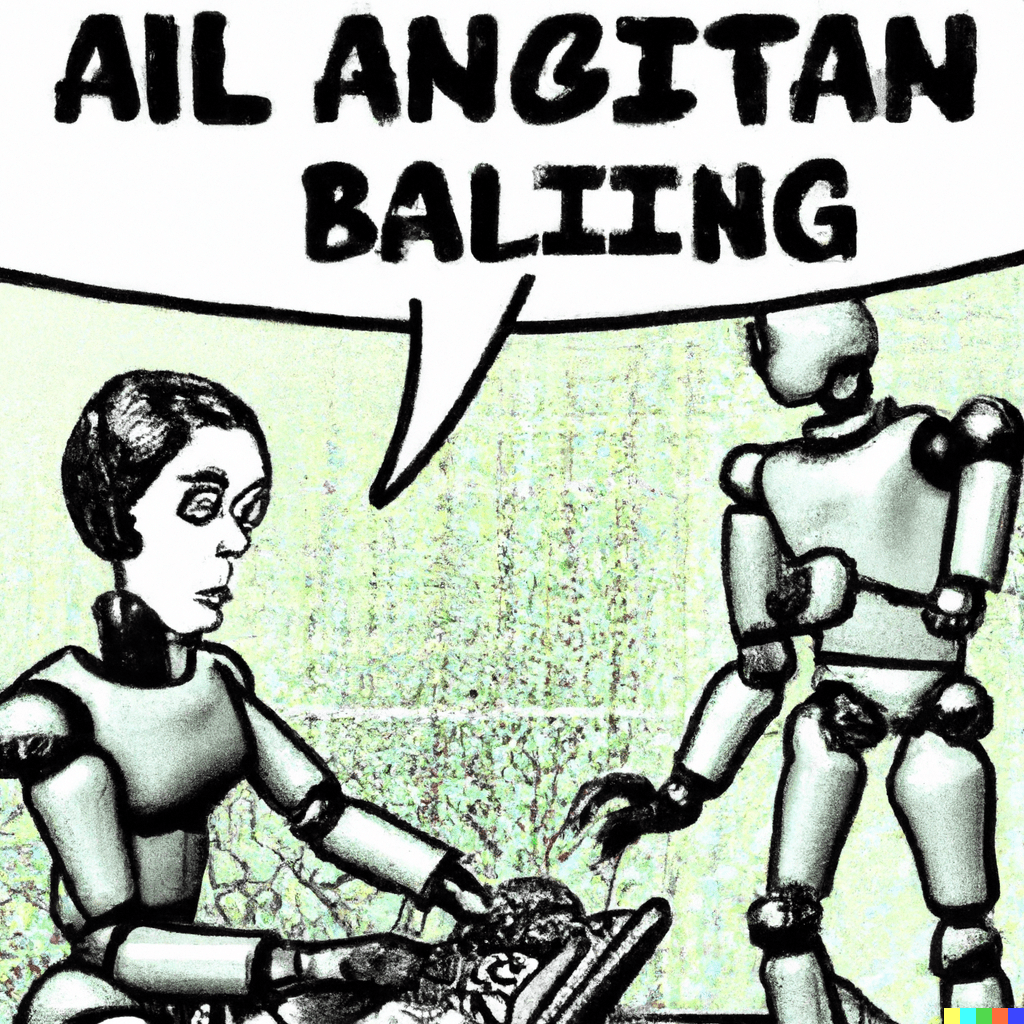 Image: robots writing a blog post